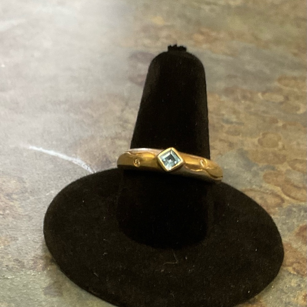 Sterling Silver with Blue Topaz Square Gem and gold accents and side gems